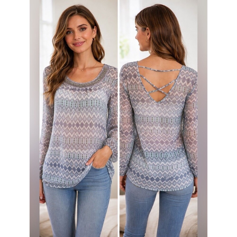 Studio Y Blue & Gray Patterned Sheer Chiffon Beaded Pullover Blouse Women’s Smal
